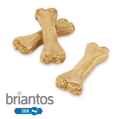Briantos tuggben, beige, med fyllda ändar. Blå markering med texten "Chew" och bensymbol.