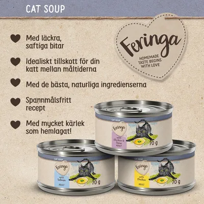 Feringa Cat Soup, tre burkar à 70 g med illustration av katt. Text: Med läckra, saftiga bitar, Idealiskt tillskott för din katt mellan måltiderna, Spannmålsfritt recept, Med mycket kärlek som hemlagat!