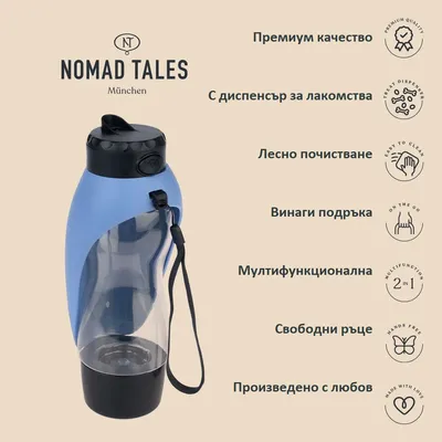 Nomad Tales München бутилка с диспенсър за лакомства, синя, с каишка. Текст: Премиум качество, С диспенсър за лакомства, Лесно почистване, Винаги подръка, Мултифункционална, Свободни ръце, Произведено с любов.