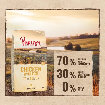 Purizon Adult Cats Chicken with Fish, 6,5 kg. 70% tierische Zutaten, 30% Obst, Gemüse und Kräuter, 0% zugesetztes Getreide.