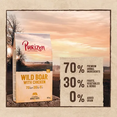 Purizon Wild Boar with Chicken kattenvoer, 6,5 kg. 70% premium dierlijke ingrediënten, 30% fruit, groenten & kruiden, 0% toegevoegde granen. Voor volwassen katten. Tekst deels in het Engels.