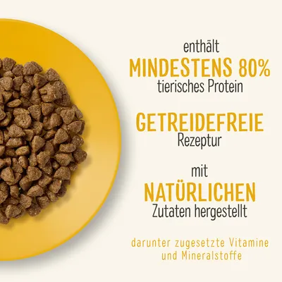 Текст на немецком: enthält mindestens 80% tierisches Protein, getreidefreie Rezeptur, mit natürlichen Zutaten hergestellt, darunter zugesetzte Vitamine und Mineralstoffe. Изображение корма в миске.