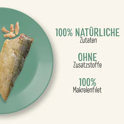 100% natürliche Zutaten, ohne Zusatzstoffe, 100% Makrelenfilet.