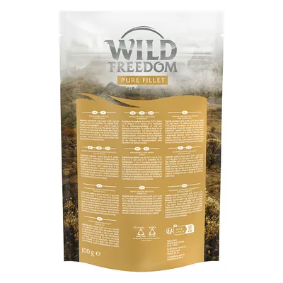 Back of Wild Freedom Pure Fillet pouch showing feeding instructions, ingredients, analytical constituents and recycling symbols in multiple languages. Net weight: 100g.