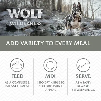 Wolf of Wilderness. Add variety to every meal. Feed as a complete & balanced meal. Mix into dry kibble to add irresistible appeal. Serve as a tasty reward between meals. Text v angličtine.