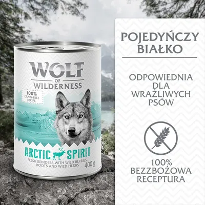 Wolf of Wilderness Arctic Spirit, 400 g. 100% grain-free recipe. Pojedynczy białko, odpowiednia dla wrażliwych psów, 100% bezzbożowa receptura.