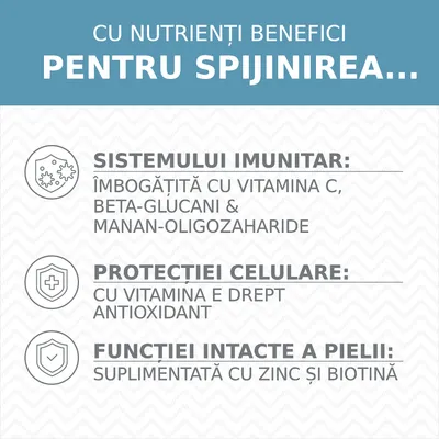 Cu nutrienți benefici pentru sprijinirea sistemului imunitar, protecției celulare și funcției intacte a pielii. Vitamina C, E, beta-glucani, manan-oligozaharide, zinc, biotină.