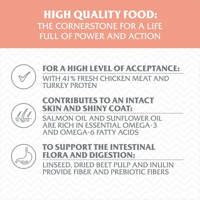 Κείμενο στα αγγλικά: High quality food, 41% fresh chicken meat and turkey protein, salmon oil and sunflower oil, omega-3 και omega-6, linseed, dried beet pulp, inulin, prebiotic fibers.