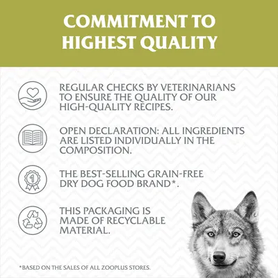 Tekst w języku angielskim: Commitment to highest quality. Regular checks by veterinarians, open declaration składu, best-selling grain-free dry dog food brand, opakowanie z materiału recyklingowego.