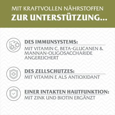 Mit kraftvollen Nährstoffen zur Unterstützung: Immunsystem mit Vitamin C, Beta-Glucanen, Zellschutz mit Vitamin E, Hautfunktion mit Zink und Biotin.