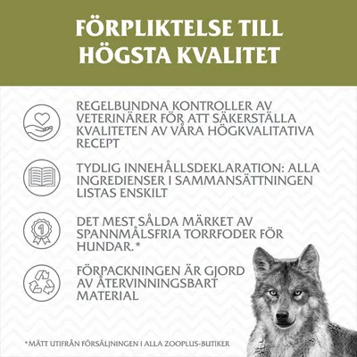 Engagemang för högsta kvalitet: regelbundna kontroller av veterinärer, tydlig deklaration av alla ingredienser, bästsäljande spannmålsfritt torrfoder, förpackningen är återvinningsbar.