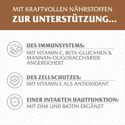 Mit kraftvollen Nährstoffen zur Unterstützung: Immunsystem mit Vitamin C, Beta-Glucanen, Zellschutz mit Vitamin E, Hautfunktion mit Zink und Biotin.