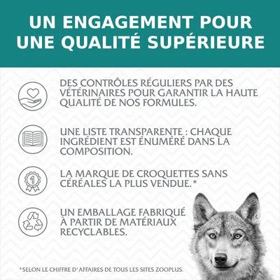UN ENGAGEMENT POUR UNE QUALITÉ SUPÉRIEURE : contrôles vétérinaires, liste transparente des ingrédients, marque de croquettes sans céréales la plus vendue, emballage recyclable.