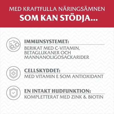 Med kraftfulla näringsämnen som kan stödja immunsystemet, cellskyddet och en intakt hudfunktion. Berikat med C-vitamin, betaglukaner, vitamin E, zink och biotin.