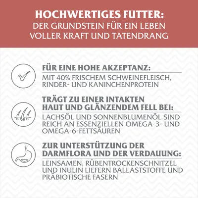 Hochwertiges Futter: Frisches Schweine-, Rinder- und Kaninchenprotein, Lachsöl mit Omega-Fettsäuren für Haut und Fell, Leinsamen und Inulin für Verdauung und Darmflora.