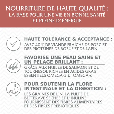 Nourriture de haute qualité : haute tolérance avec 40 % viande fraîche de porc, protéines de bœuf et lapin, huiles de saumon et tournesol, fibres de lin, pulpe de betterave, inuline.