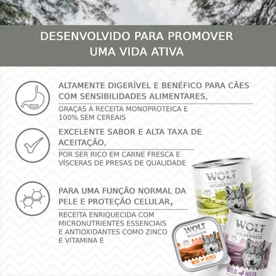 Desenvolvido para promover uma vida ativa. Altamente digerível, benéfico para cães sensíveis, excelente sabor, função normal da pele. Wolf of Wilderness visível nas embalagens.