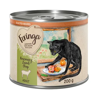 Feringa Adult Nassfutter, Rosemary Lamb Chop, 200g Dose. Illustration einer schwarzen Katze mit Teller Lammfleisch und Kürbis. Text: Homemade taste begins with love.