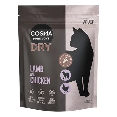 Cosma Pure Love Dry Adult, ilmakuivattu kuivaruoka lampaan- ja kananlihalla, 100 % viljaton, korkea tuorelihapitoisuus, vain valikoidut ainesosat, pakkauskoko 400 g.