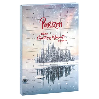 Purizon calendar de Advent cu inscripția 'Magical Christmas Moments with your cat', design de iarnă cu copaci acoperiți de zăpadă și lac.