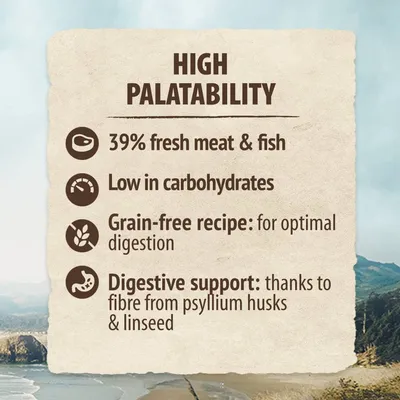 Tekst w języku angielskim: High palatability, 39% fresh meat & fish, low in carbohydrates, grain-free recipe for optimal digestion, digestive support dzięki błonnikowi z babki i lnu.
