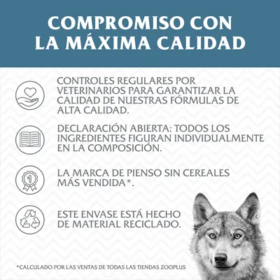 Compromiso con la máxima calidad: controles veterinarios, ingredientes declarados individualmente, marca de pienso sin cereales más vendida, envase de material reciclado.