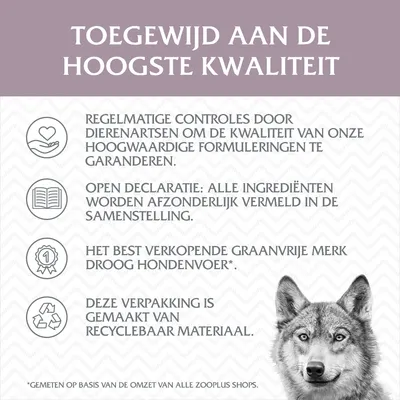 Toegewijd aan de hoogste kwaliteit: regelmatige controles door dierenartsen, open declaratie ingrediënten, best verkopend graanvrij droog hondenvoer, verpakking van recyclebaar materiaal.