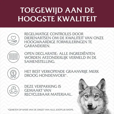 Toegewijd aan de hoogste kwaliteit: regelmatige controles door dierenartsen, open declaratie ingrediënten, best verkopend graanvrij droog hondenvoer, verpakking van recyclebaar materiaal.