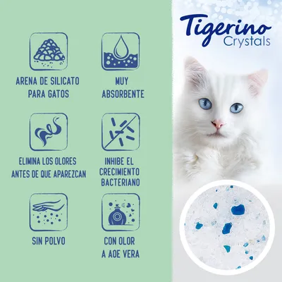 Tigerino Crystals. Arena de silicato para gatos, muy absorbente, elimina los olores antes de que aparezcan, inhibe el crecimiento bacteriano, sin polvo, con olor a aloe vera. Tigerino Crystals. Arena de silicato para gatos, muy absorbente, elimina los olores antes de que aparezcan, inhibe el crecimiento bacteriano, sin polvo, con olor a aloe vera.