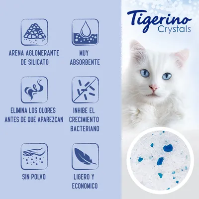 Tigerino Crystals. Arena aglomerante de silicato, muy absorbente, elimina los olores antes de que aparezcan, inhibe el crecimiento bacteriano, sin polvo, ligero y económico.