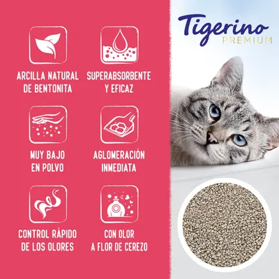 Tigerino Premium. Arcilla natural de bentonita, superabsorbente y eficaz, muy bajo en polvo, aglomeración inmediata, control rápido de los olores, con olor a flor de cerezo.