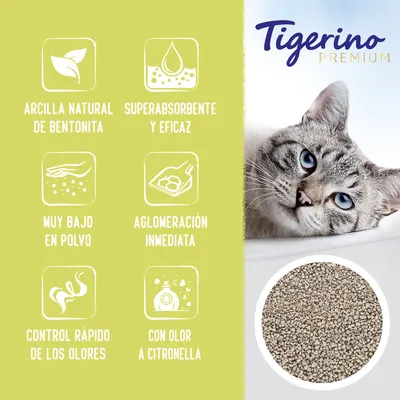 Tigerino Premium. Arcilla natural de bentonita, superabsorbente y eficaz, muy bajo en polvo, aglomeración inmediata, control rápido de los olores, con olor a citronella.