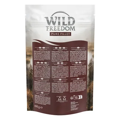 Wild Freedom Pure Fillet, Einzelfuttermittel für Katzen, 100g. Analytische Bestandteile und Fütterungshinweise auf der Verpackung sichtbar.