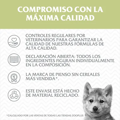 Compromiso con la máxima calidad: controles veterinarios, ingredientes declarados, marca de pienso sin cereales más vendida, envase de material reciclado. Calculado por ventas Zooplus.