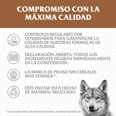 Compromiso con la máxima calidad: controles veterinarios, ingredientes declarados, marca de pienso sin cereales más vendida, envase de material reciclado. Calculado por ventas Zooplus.