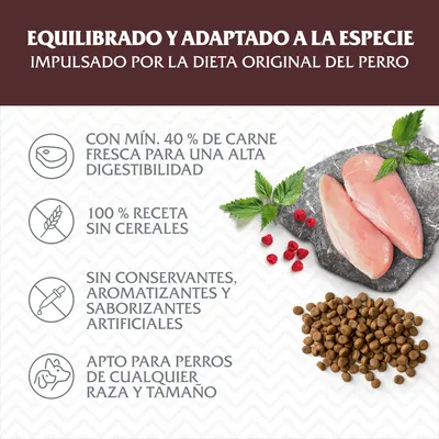 Equilibrado y adaptado a la especie. Con mín. 40 % de carne fresca, 100 % receta sin cereales, sin conservantes ni saborizantes artificiales, apto para perros de cualquier raza y tamaño.