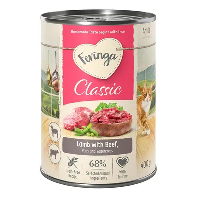 Feringa Classic Adult, Lamb with Beef, Peas and Watercress, ricetta senza cereali, 68% ingredienti animali selezionati, con taurina, lattina da 400 g. Testo in inglese.