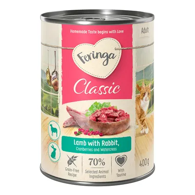 Feringa Classic adult, lam met konijn, veenbessen en waterkers, grainfree recept, 70% geselecteerde dierlijke ingrediënten, met taurine, 400g blik.