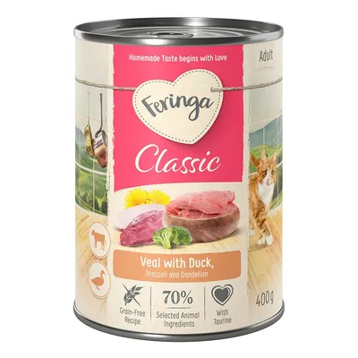 Feringa Classic Veal with Duck, Broccoli and Dandelion, ricetta senza cereali, 70% ingredienti animali selezionati, con taurina, per gatti adulti, lattina da 400g. Testo in inglese.