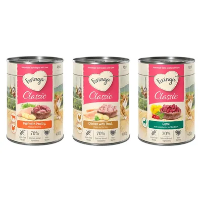 Tre lattine Feringa Classic da 400 g: Beef with Poultry, Chicken with Trout, Game. Testo visibile in inglese, ricetta grain-free, 70% ingredienti animali selezionati, con taurina.