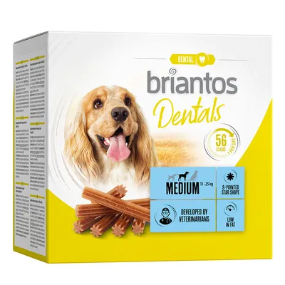 Briantos Dentals, 56 palčk, srednje velikosti 11–25 kg, 8-kraka zvezdasta oblika, razvito s strani veterinarjev, z nizko vsebnostjo maščob.