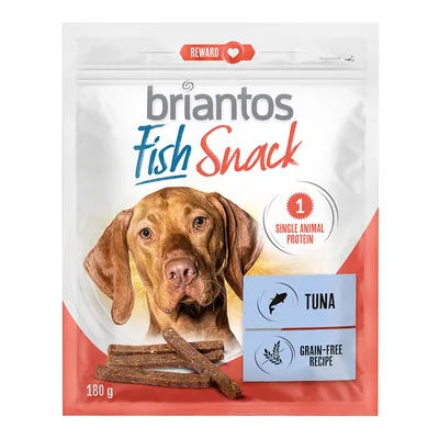 Briantos Fish Snack, 180 g, enakovrsten živalski protein, tuna, brez žit. Embalaža s simbolom nagradnega srca in ikono ribe.