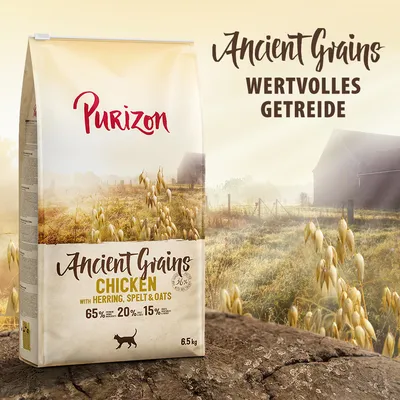 Purizon Ancient Grains Chicken heringgel, tönkölybúzával és zabbal. 65% hústartalom, 20% zöldség, 15% értékes gabona. Kiszerelés: 6,5 kg.