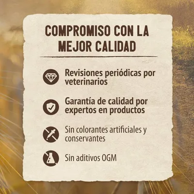 Compromiso con la mejor calidad: revisiones periódicas por veterinarios, garantía de calidad por expertos en productos, sin colorantes artificiales ni conservantes, sin aditivos OGM.