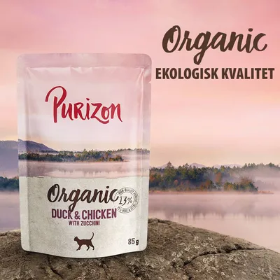Purizon Organic Duck & Chicken with Zucchini, 85 g. Text: Organic, Ekologisk kvalitet, 13 % kött & inälvor. Förpackning med kattikon.