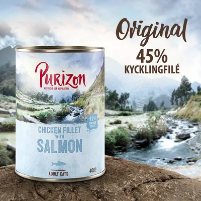 Purizon Chicken Fillet with Salmon, 400 g burk för vuxna katter. Original, 45 % kycklingfilé. Text på engelska och svenska synlig på förpackning och i bilden.