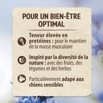 Pour un bien-être optimal : teneur élevée en protéines pour le maintien de la masse musculaire, inspiré par la diversité de la nature avec fruits, légumes, herbes, adapté aux chiens sensibles.