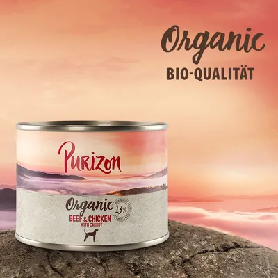 Purizon Organic Bio-Qualität, Beef & Chicken mit Karotte, 13% Fleischanteil. Premium-Nassfutter für Hunde.