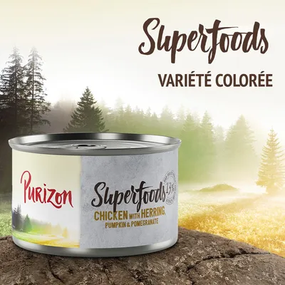 Purizon Superfoods Chicken with Herring, Pumpkin & Pomegranate, 13 % protein. Texte visible : Superfoods variété colorée. Boîte de nourriture pour animaux. Purizon Superfoods Chicken with Herring, Pumpkin & Pomegranate, 13 % protein. Texte visible : Superfoods variété colorée. Boîte de nourriture pour animaux.