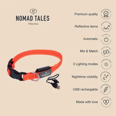 Nomad Tales München. Orangefarbenes Halsband mit USB-Ladekabel. Eigenschaften: Premiumqualität, reflektierende Elemente, automatisch, Mix & Match, 3 Lichtmodi, Sichtbarkeit nachts, wiederaufladbar.